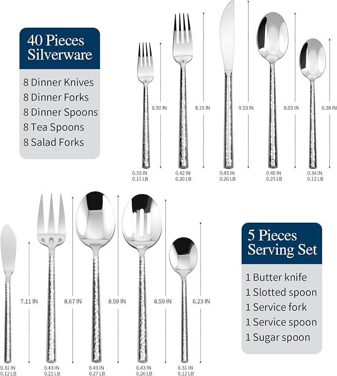 Silverware Set Hammered 45 Piece with Serving Set Service for 8 | 18/10 Stainless Steel Flatware Set, Heavy Duty Utensil, Cutlery Set for Home Party Wedding, Mirror Polished Dishwasher Safe