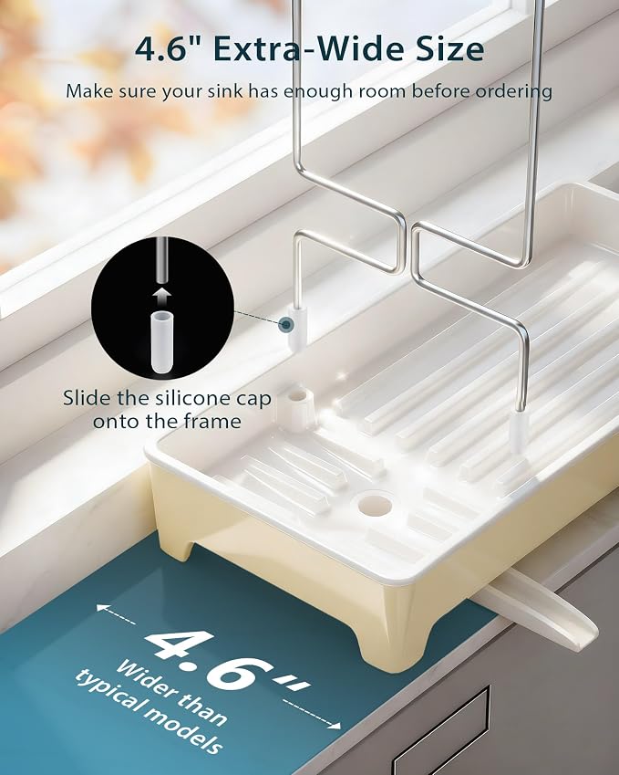 Minimalist Sink Caddy, Rustproof Sponge Holder for Kitchen Sink Yellow | Large Rustproof countertop organizer with 304 stainless steel brush holder, raised ridges and silicone drain tube