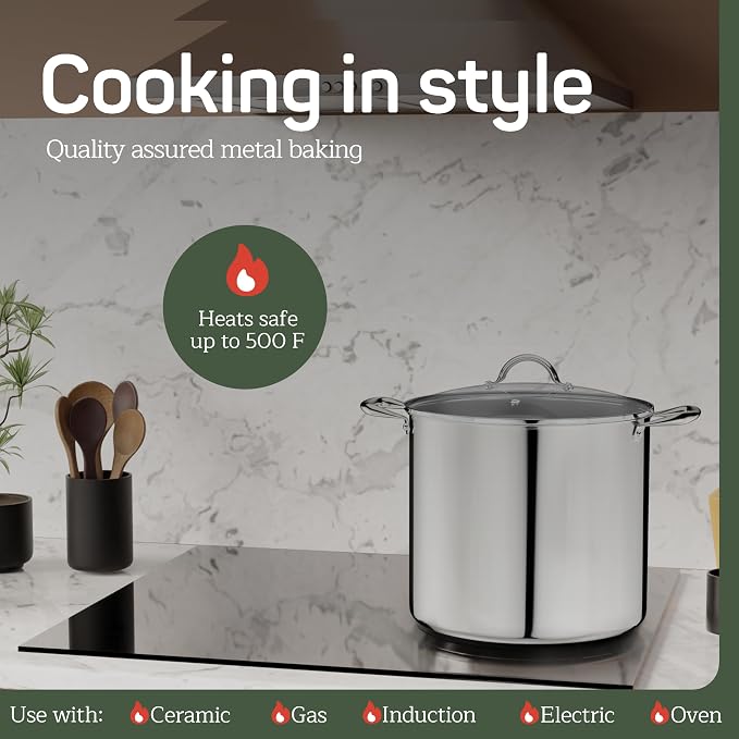 Stainless Steel Stockpot with Tempered Glass Lid 24 Quart, Durable 18/0 Stainless Steel, Impact-Bonded Base for Even Heating, Riveted Handles, Oven & All Stove Compatible, Safe Up To 500°F (260°C)