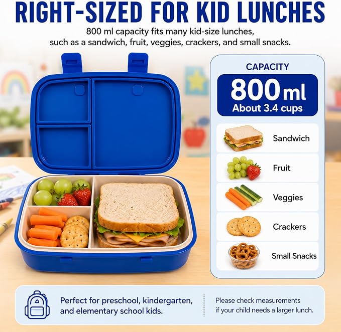 MISS BIG Kids Bento Lunch Box, Blue Astronaut, Microwave Safe, 800ml | Boys school lunch box with 3 sections for daycare, preschool, kindergarten, sandwiches, fruit, yogurt, dips, and snacks