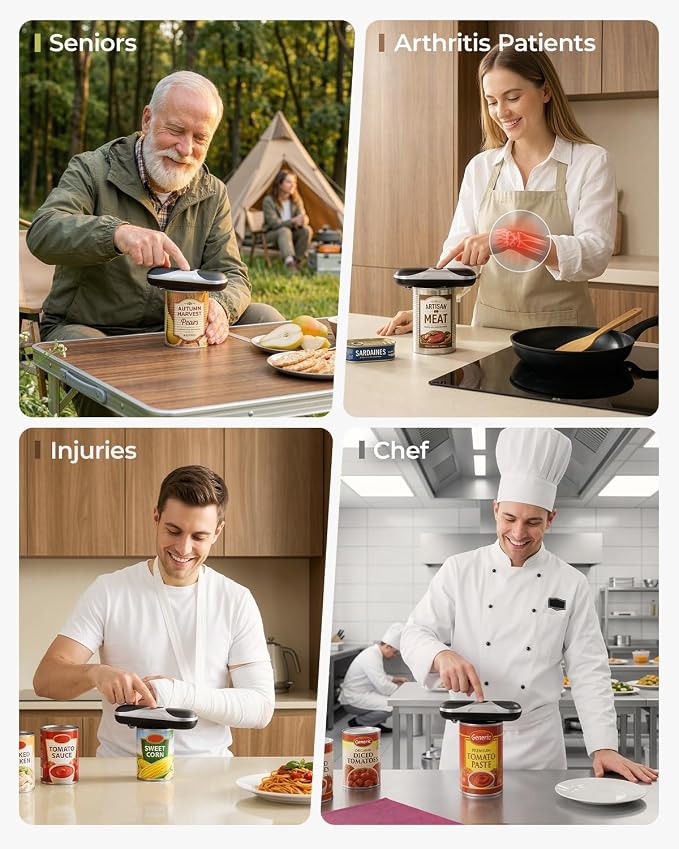 One-Touch Automatic Electric Can Opener for Seniors with Arthritis | Cordless Battery Powered, Side Cut, Smooth Edge, Handsfree, for Any Size Cans