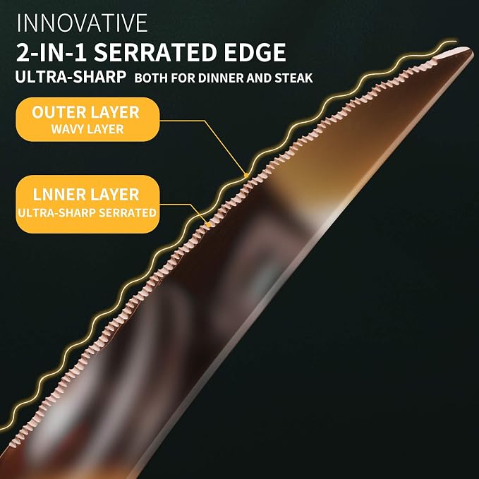 Hammered Rose gold 30 Pieces Set Silverware Set for 6 with Serrated Forging Knives,18/10 Stainless Steel Modern Flatware Set,Unique Cutlery Set,Mirror Polished,Dishwasher Safe