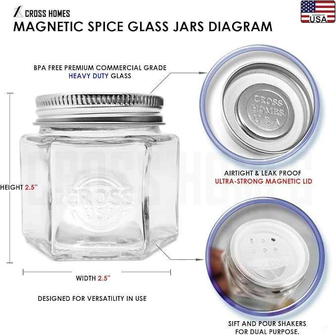 15 Pack Magnetic Spice Jars Large 4 oz Refrigerator Hexagon Glass Spice Jars Magnetic Lids Shaker Spice Labels Magnetic Glass Spice Containers for RV Travel Trailer Kitchen Fridge Cabinet Wall mount
