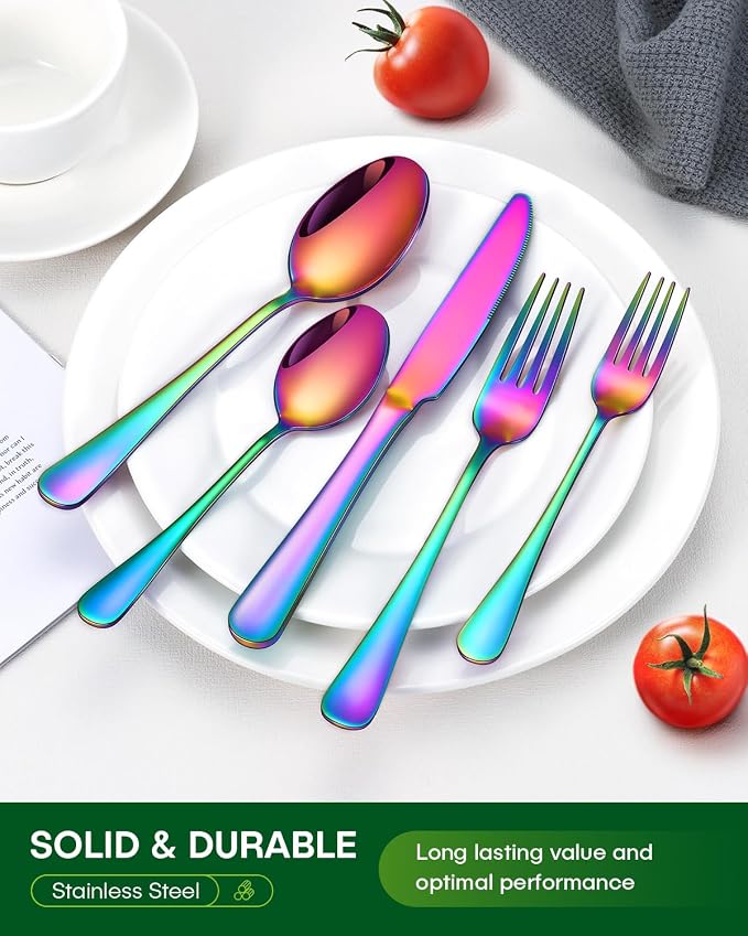 PHILIPALA 40 Piece Rainbow Silverware Set, Stainless Steel Flatware Set for 8 Colorful Novelty Flatware Cutlery Utensil Set Include Knife Fork Spoon Food Grade Mirror Polished Dishwasher Safe