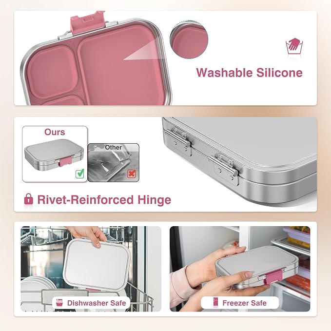 HOMEKOL Stainless Steel Bento Lunch Box 3 Compartments, 3.3 Cups, Pink | for Kids Adults, Leak-Proof Metal Container for Office School Picnic, BPA-Free, Dishwasher Safe, 800ml (Not Insulated)
