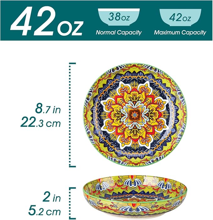 vancasso Pasta Bowls Set of 4, 42oz Ceramic Salad Serving Bowls, Bohemian | 8.7in Colorful Bohemian Bowl Plates for Soup, Shallow Bowls for Kitchen, Microwave & Dishwasher Safe, Stackable, Large