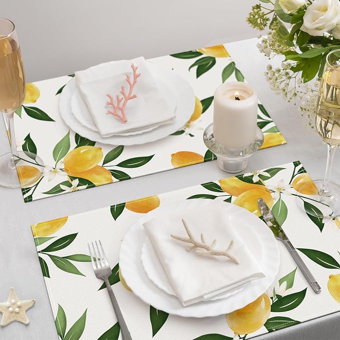Bonhause Lemon Placemats Set of 4, 12x18 Inch Summer Yellow Fruits Green Leaves Kitchen Dining Table Mats Washable Place Mats for Indoor Outdoor Home Party Decor