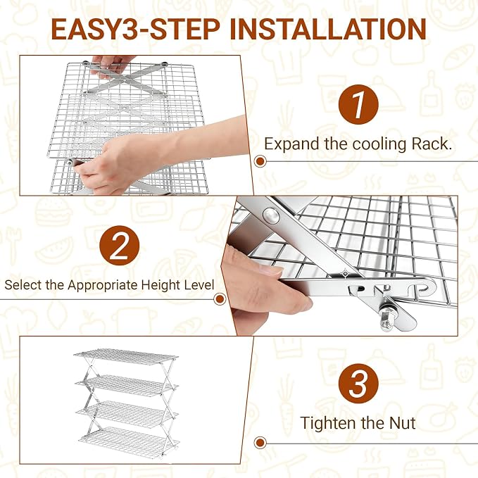 4 Tier Collapsible Cooling Rack - Adjustable Stainless Steel Baking Rack with Leak-Proof Mesh, X-Shaped Structure Cooling Rack for Cooking and Baking, Roasting ＆ Grilling Gift for Party