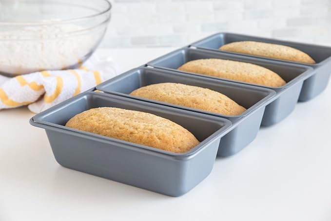 Fox Run Loaf Pan, Linked Non-Stick Mini Bread Pans, with 4 Connected Wells | Make 4 Mini Loaves At Once | Easily Release Nonstick Bread Pan | Consistent Results | Small Loaf Pan | Sourdough Bread Baking