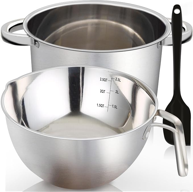 2.3QT Double Boiler Chocolate Melting Pot with 3.6QT Stainless Steel Pot | 304 food-grade steel, rust-proof. Melt chocolate, butter, candy, wax, soap. Stovetop safe, Dishwasher safe