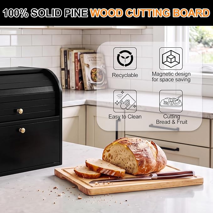 Alpeir Roll Top Bread Box with Cutting Board for Kitchen Countertop, Black | Large Breadbox with Ventilation Holes, Double Layer Pantry Shelf, Wooden Homemade Bread Storage Container, Vintage Farmhouse
