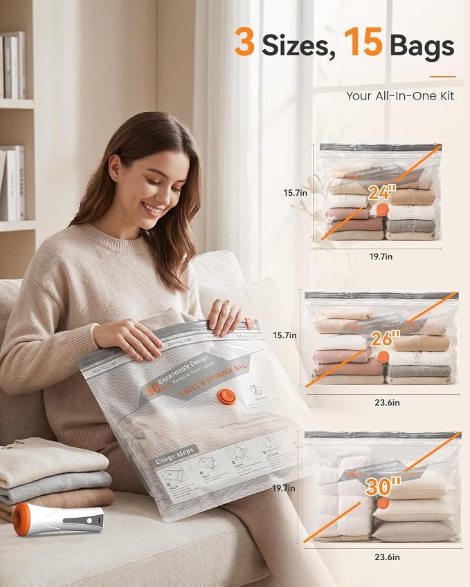Vacuum Seal Bags for Clothing, Space Saver Bags with Rechargeable Cordless Air Pump, Compression Packing Bags for Packing, Luggage and Seasonal Storage (15 Combo Set)