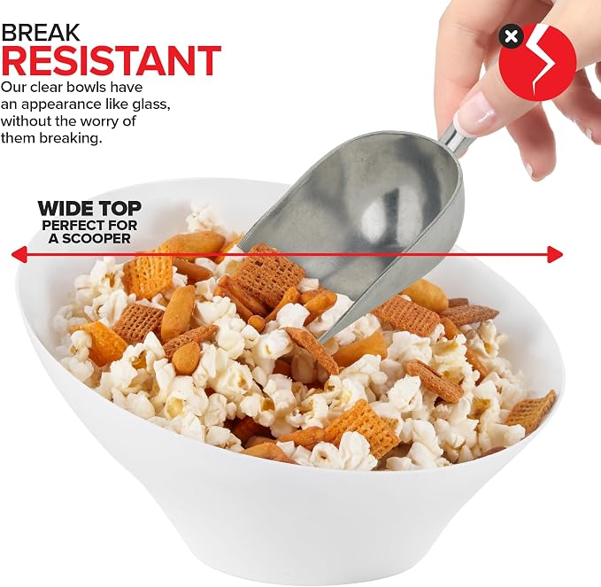 20oz White Plastic Serving Bowls (4 Pack) Medium Disposable Snack Bowl Candy Dishes, Buffet Containers for Chips, Popcorn, Snacks, Mints, Salad Bar, Parties, Office Desk, Bridal Shower, Party Supplies