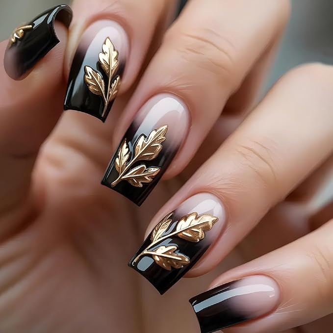 24 Pcs Fall Press on Nails Medium Square Fake Nails with Leaves Designs Nails Press ons Black Pink Gold Acrylic Nails Glossy Stick on Nails for Women