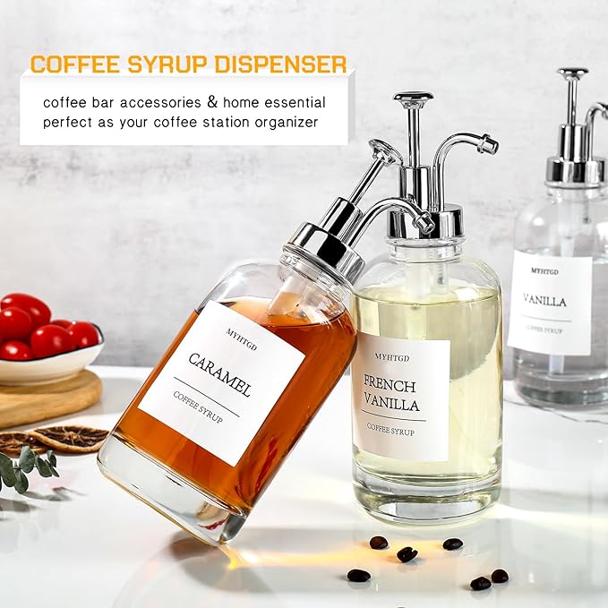 Coffee Bar Accessories,MHDCLY Coffee Syrup Dispenser - 4pack,16.9 oz Syrup Dispenser with Labels,Syrup Pump Dispenser for Coffee Bar(Silver Pump)