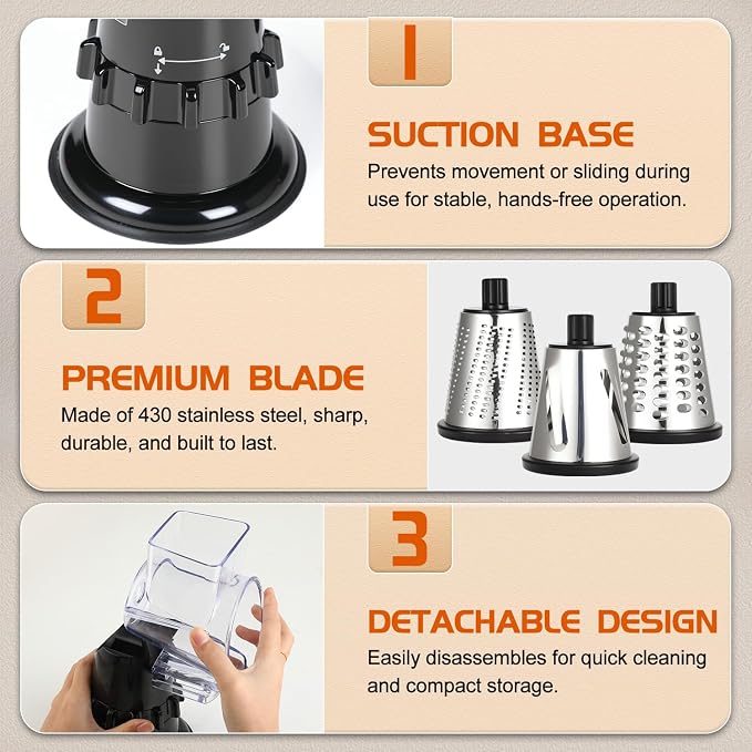 Rotary Cheese Grater Hand Crank, Vegetable Slicer with 3 Blades, Stable Suction, Labor-Saving Handle, Cheese Shredder for Potato Vegetables Nuts Chocolate, Black
