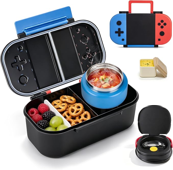 Kids Lunch Box with 9oz Thermo, Game Bento Box for Boys & Girls, 2-Compartment Meal Container with Stainless Steel Spoon & Sauce Cup, Food-Grade, Dishwasher Safe, Ideal for School & Travel (Blue/Red)