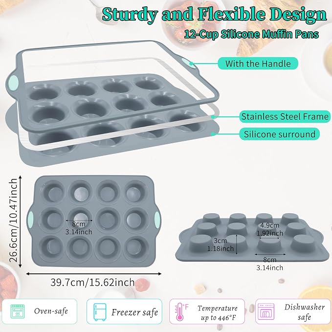 2Pack Silicone Muffin Pan with Metal Frame, 12 Cup Regular Size Cupcake Pan, Non-Stick Baking Tray, Food Grade Baking Molds for Oven, Dishwasher Safe