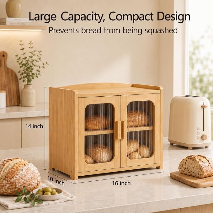 Bread Box for Kitchen Countertop, Large Capacity Wooden Bread Box, Fluted Acrylic Window Farmhouse Bread Storage, 2 Tier Corner Bread Box for Homemade Bread & Sourdough Bread, Natural Bamboo