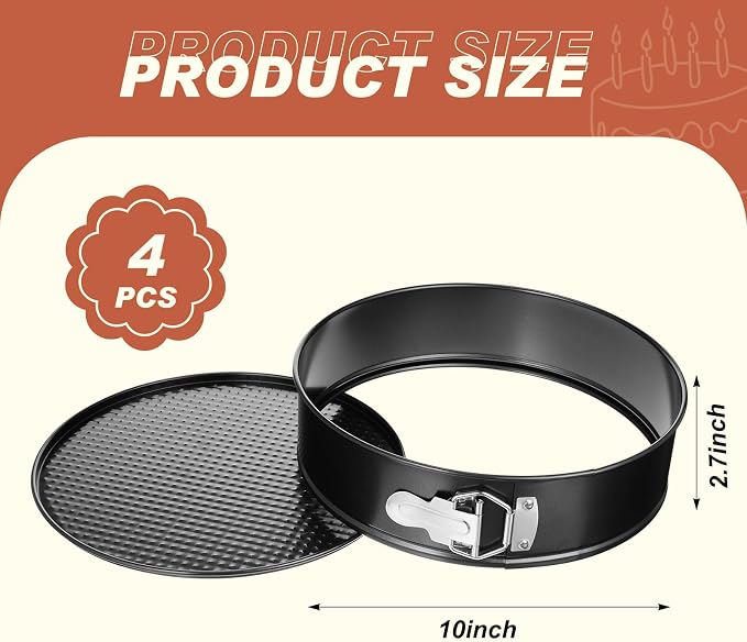 Funnymoom 4 Pcs 10 Inch Non Stick Springform Pan with Removable Bottom Carbon Steel Round Springform Cheesecake Pan with Stainless Steel Spring Buckles for Baking Kitchens Restaurant(Black)