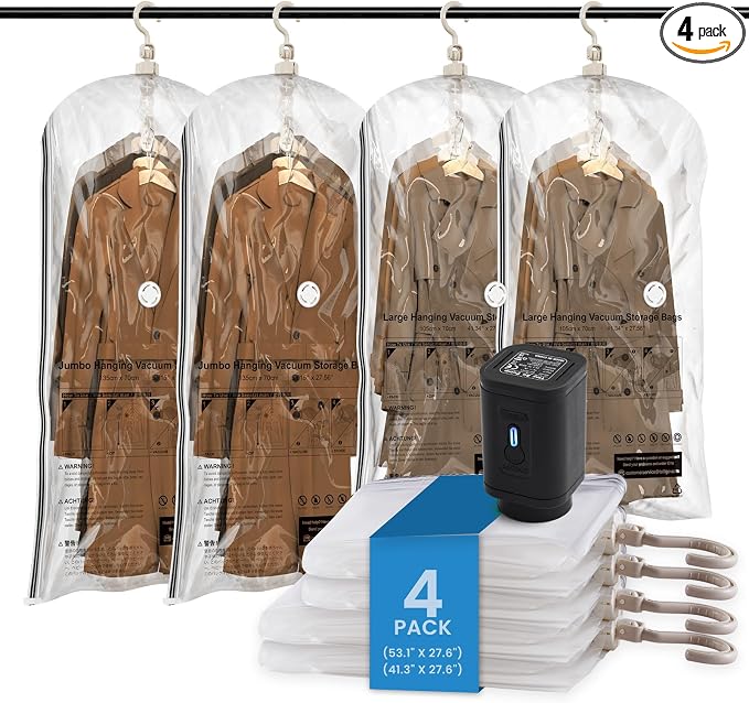 TAILI Hanging Vacuum Storage Bags for Clothes,4 Combo with Pump | Vacuum Seal Bags for Clothing Travel, Electric Pump, Winter Clothes Storage Closet Organizers, Coats, Suits and Jackets