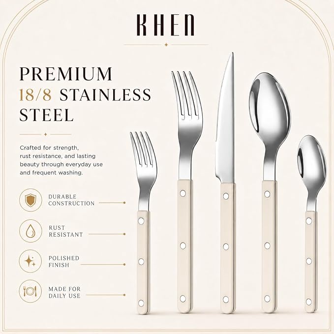 Khen Cutlery Set of 20, 18/8 Stainless Steel Flatware, Modern Silverware for Home, Kitchen, Dining & Table Setting for 4 – Stainless Steel, Dishwasher Safe, Lightweight & Ergonomic Design Gift - Cream