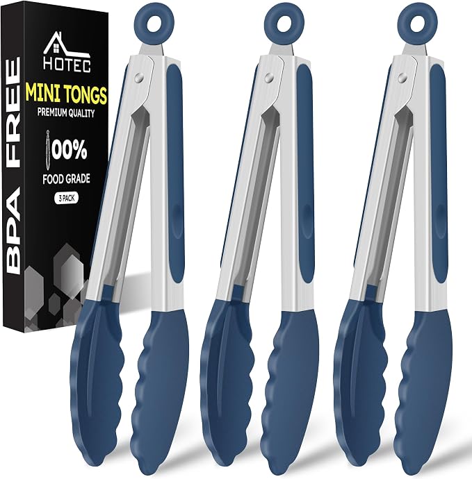 Hotec Mini Silicone Kitchen Tongs for Cooking - 7-Inch Small Serving Tongs with Silicone Tips, Set of 3 (Classic Blue)