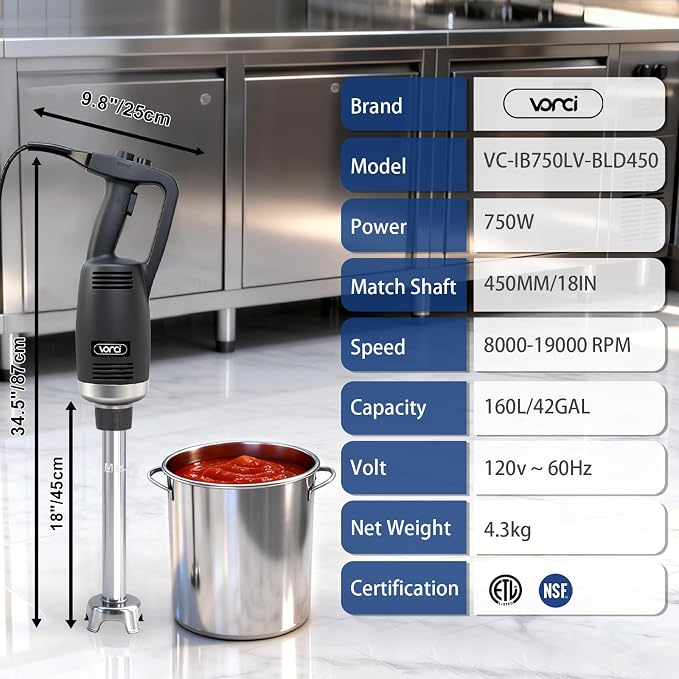 VONCI 750W Commercial Immersion Blender, Handheld Stick Mixer with 18" Detachable Shaft, Variable Speed 8000-19000RPM, Sharp SUS Blade, Extra Heavy Duty Hand Mixer for Restaurant Kitchen.