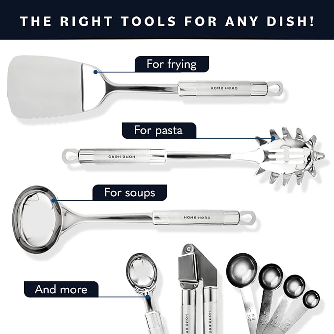 Home Hero 54-Piece Stainless Steel Kitchen Utensils Set - Heat-Resistant Nonstick Silicone & Stainless Steel Cooking Utensils - Complete Tools with Slotted Spoon & Pasta Spoon - Pack of 54, Silver | Heat-Resistant Stainless Steel Kitchen Utensil Set - ...