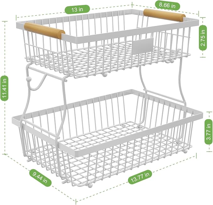 2 Tier Fruit Basket for Kitchen Counter with 2 Banana Hangers, Countertop Metal Bread Basket with Wooden Handle, Large Storage Stand for Vegetables, Snacks, Eggs, Produce Storage – White