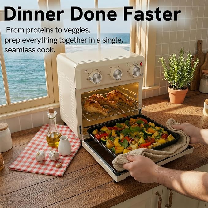VAL CUCINA 6-in-1 Retro Air Fryer Toaster Oven Combo, Compact 12.7 QT Small Countertop Convection Oven, Fits 9" Pizza & 4 Toast, Hexagon Hybrid Heating, Enamel Baking Pan Included, Almond Yellow Color