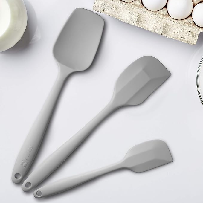 3-Piece Silicone Spatula Set, 600°F Heat Resistant, Light Grey | Stainless Steel Core, Silicone Rubber Spatulas for Nonstick Pans, Spatula, Spoonula and Mini Spatula for Cooking and Baking