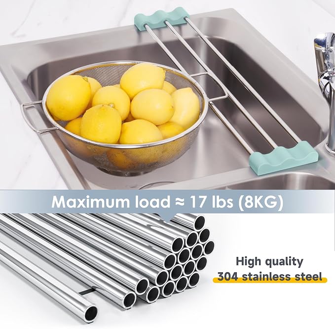 Tomorotec Adjustable Over-The-Sink Kitchen Rack, BPA-Free, Light Cyan | Holds 16.5 Lbs; For Dishcloths, Sponges, and Brushes - Heat-Resistant Stainless Steel with Slim, Expandable Design
