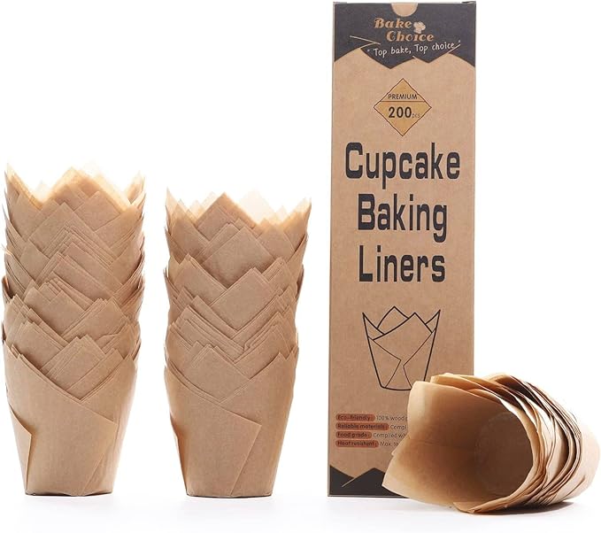 Bake Choice 200pcs Natural Tulip Cupcake Liners for Baking Muffin Liners | Unbleached European Parchment Paper, Heat-resistant, Greaseproof, Cupcake Wrapper for Party, Christmas, Gift