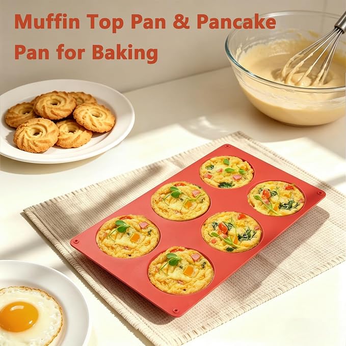 Redfly Silicone Egg Molds for Breakfast Sandwiches 2 Pcs, Non Stick 3 Inch Egg Bites Baking Pans, Silicone Muffin Pans for Baking, Round Muffin Top Pan for Whoopie Pie Pan, Tarts, Quiche