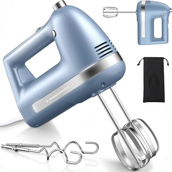 Electric Hand Mixer, Powerful Hand Mixer Electric Handheld with 304*(2*Beaters, 2*Dough Hooks),(1*Storage Bag) Hand Held Mixer with Turbo for Baking Cakes,Cream(Blue)