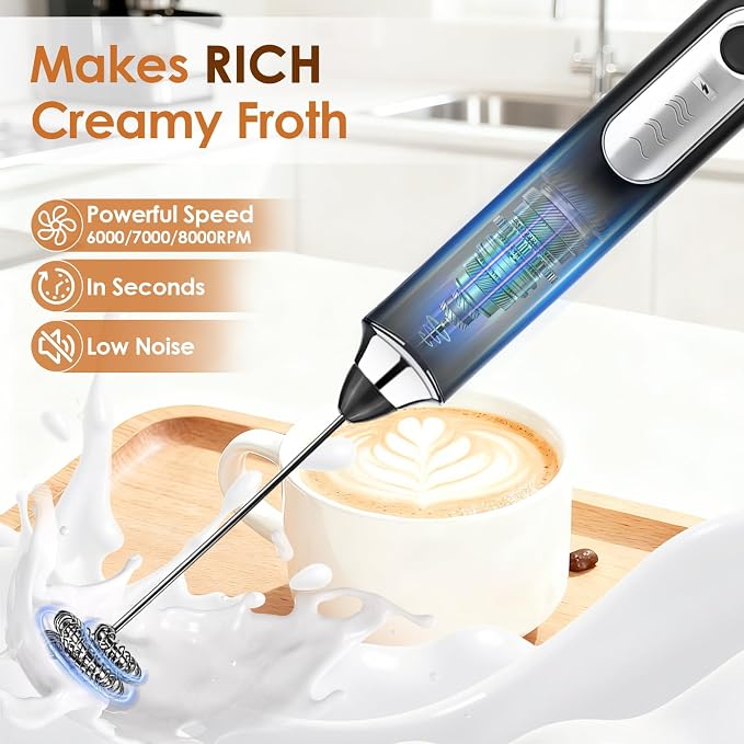 Handheld Milk Frother, Rechargeable Milk Frother, Coffee Mixer Wand, Black | Electric Drink Mixer with 2 Stainless Steel Whisks 3 Speeds, Frother Wand for Latte, Cappuccino, Matcha, Hot Chocolate, Egg