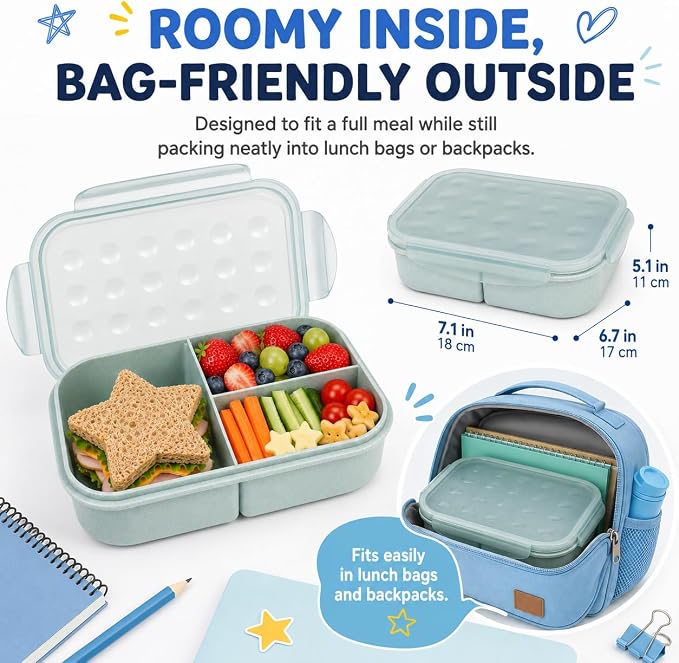 MISS BIG® Bento Lunch Box for Kids, 1150ml, 3 Compartments, Slate Blue | Slate blue 1150ml kids lunch box for school, daycare, snacks, light meals, picnic, and travel.