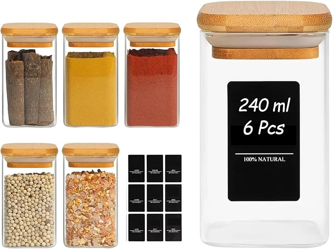 ComSaf Glass Spice Jars with Labels 8 oz 6 Pack Square Bamboo Lids | Empty Containers, Seasoning Herbs Powders, Salt Pepper Chili, Kitchen Cabinet Storage Starter Set, Dry Goods