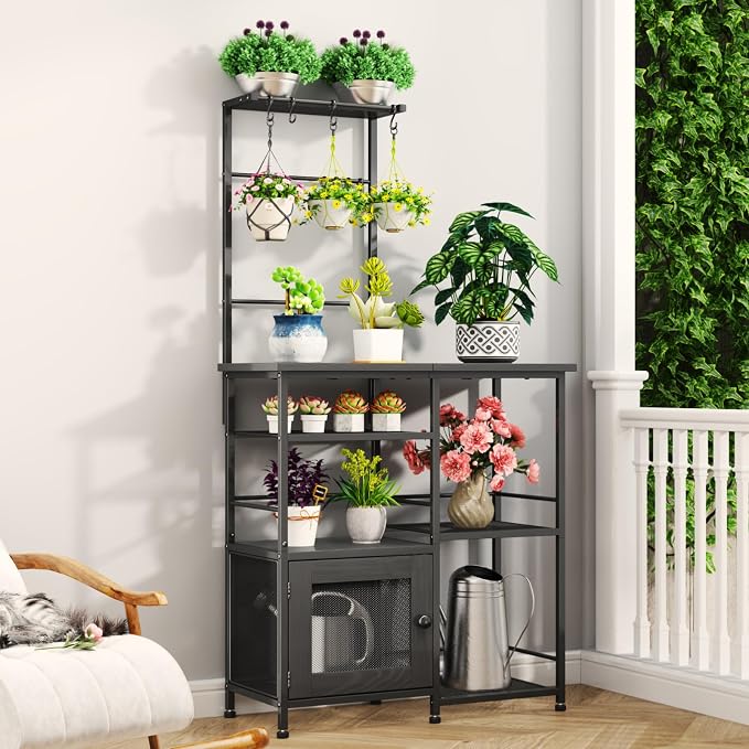 SWTYMIKI Bakers Rack with Storage - Coffee Bar Cabinet Organizer with 8 Hooks, Shelves & Cabinet Door, Coffee Station for Kitchen Dining Room, Microwave Stand with Adjustable Feet, Black