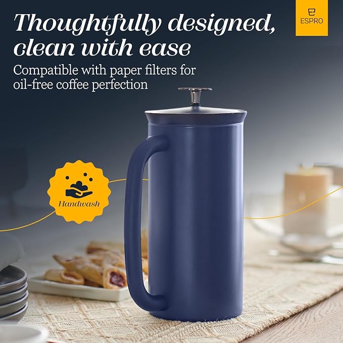 ESPRO P7 French Press, 18oz, Aegean Blue, Stainless Steel Coffee Maker | Double Filter Coffee Press, Grit-Free Coffee, Heat Resistant Insulated tea Press, Easy Hot and Cold Coffee Brewer, Tea Brewer