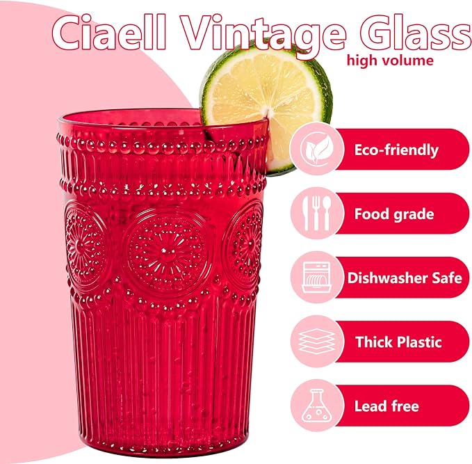 Ciaell 12 Pack Red Plastic Water Glasses for Parties Dinners | 14 oz Red Embossed Ribbed Vintage Drinking Cups, Heavy Duty Plastic, Beer Juice Beverages Wine for Outdoor Weddings