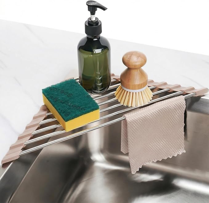 Tomorotec Triangle Roll Up Dish Drying Rack 304 Stainless Steel Beige | BPA-Free Food-Grade Silicone Edges Foldable Waterproof Rustproof Heavy-Duty Space Saver Heat Resistant to 550°F