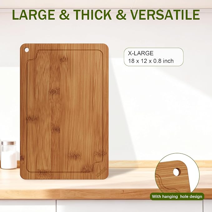 17" Bamboo Cutting Board Set Serving Tray Juice GroovesHandles | Ideal for Meat Vegetables Fruit,Easy Storage & Quick Clean,Natural Wood Construction,Dual-Purpose as Serving Tray