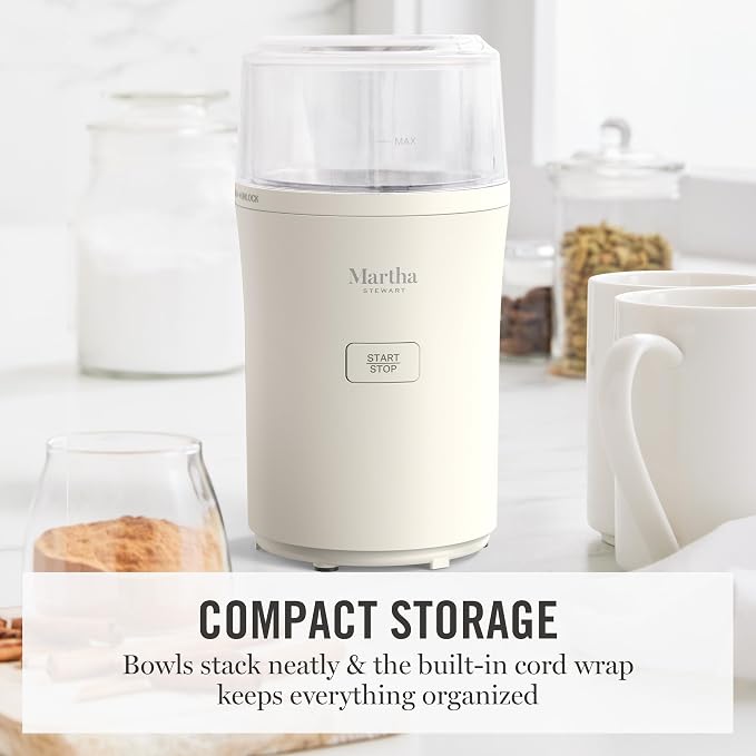 Martha Stewart Electric Coffee & Spice Grinder with Dual Bowls, Linen Cream | Dual 2.5oz Removable Bowls for Coffee Beans, Nuts, Herbs & Spices, Stainless Steel Blade, One-Touch Pulse Control, Easy Clean