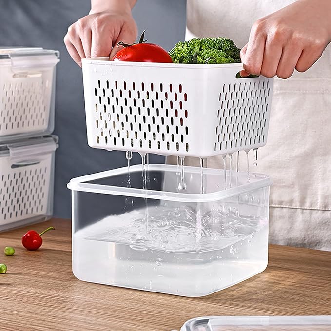 4 Pack Large Fridge Food Storage Container Set with Lids with Strainer, Fruit Vegetable Storage Containers Keep Fruits, Vegetables, Berry, Meat Fresh longer , BPA-Free Plastic Produce Keepers