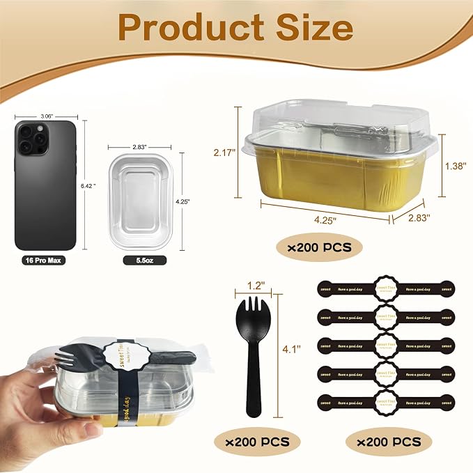 Mini Cake Pans With Lids And Spoons,5.5 oz Rectangle Mini individual Loaf Pans Disposable Aluminum Foil Small Baking Cups Tins (200, Gold)