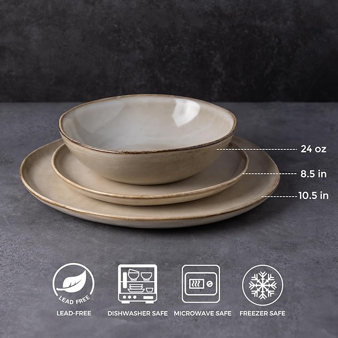 AmorArc Ceramic Dinnerware Sets for 12,36Pcs Plates and Bowls Sets Dishes | Stoneware Handmade Reactive Glaze Dinner Set, Highly Scratch Resistant | Dishwasher & Microwave Safe Dishware-Cappuccino