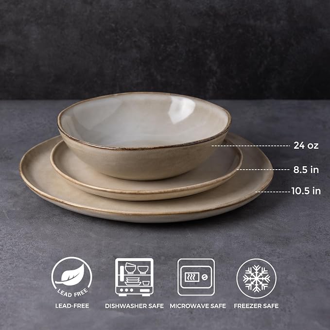 AmorArc Ceramic Dinnerware Sets for 8, 24Pcs Plates and Bowls Sets Dishes | Stoneware Handmade Reactive Glaze Dinner Set, Highly Scratch Resistant | Dishwasher & Microwave Safe Dishware-Cappuccino