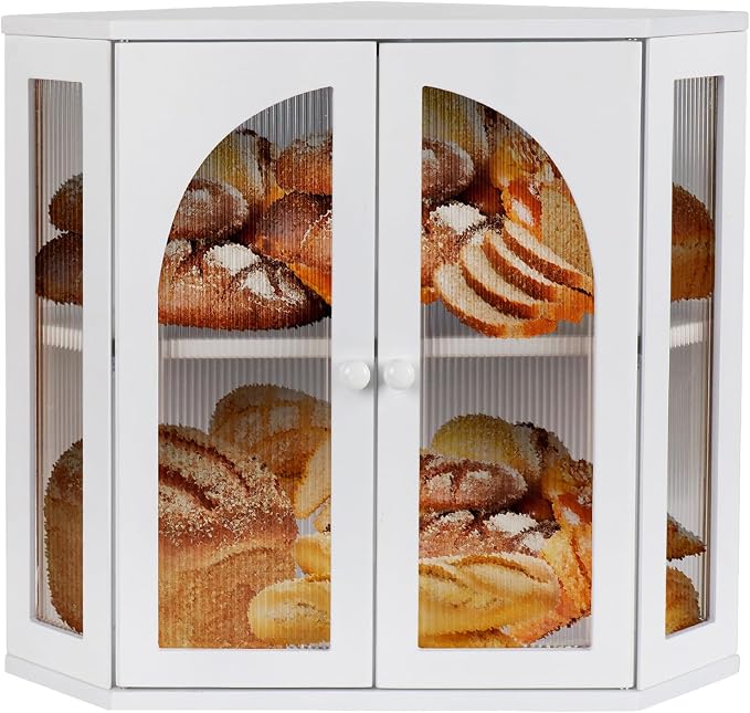 Corner Bread Box for Kitchen Countertop,Double Layer Bread Holder | 3 Adjustable Height, Large Capacity, Magnetic Acrylic Door, Bamboo Bread Storage Container for Homemade Bread, White